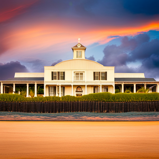 An image capturing the iconic Southfork Ranch at sunset, its grand facade framed by Texan cacti