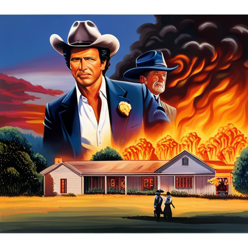 An image depicting the intense inferno engulfing Southfork Ranch in 1983, as Bobby Ewing courageously rescues his family from the midst of the raging fire, capturing the dramatic and heroic moment