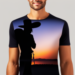Earing a cowboy hat and boots, standing against a sunset backdrop, with a guitar in hand
